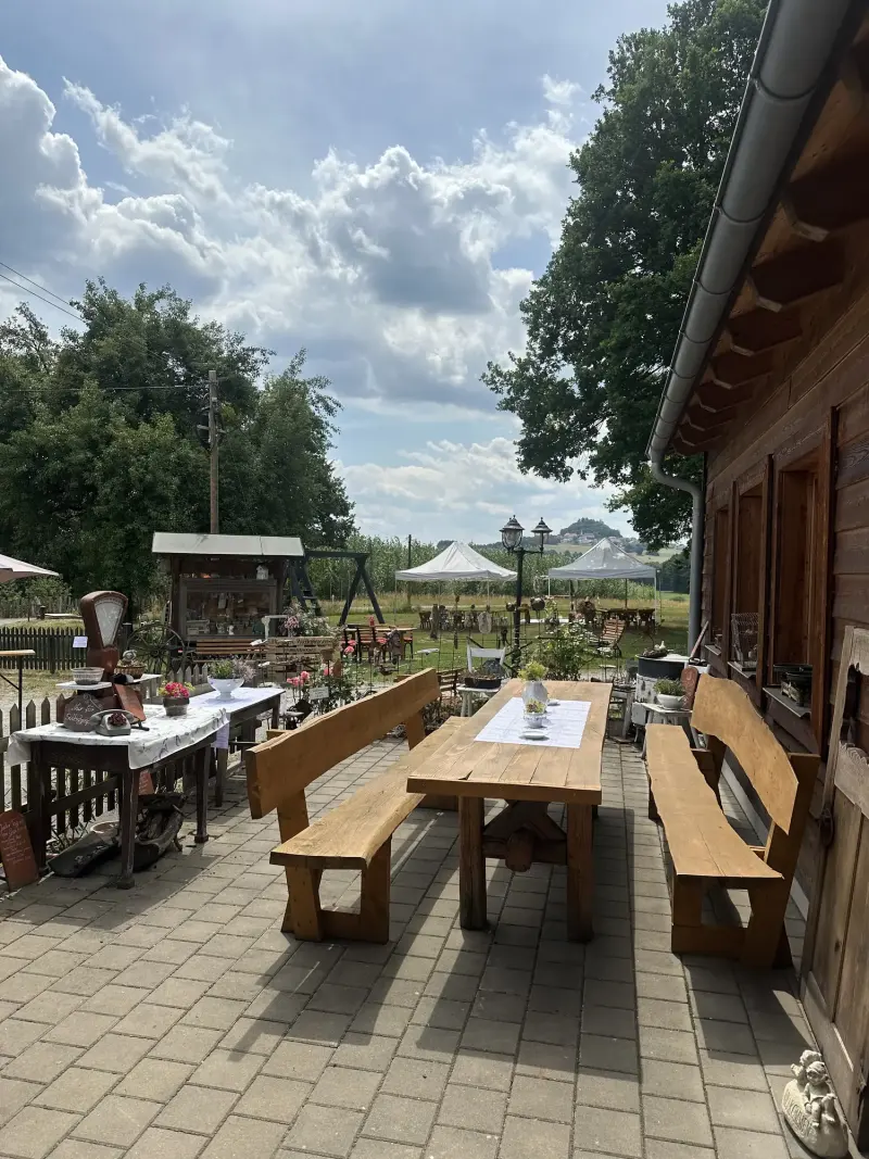 Terrasse mit Holzbänken